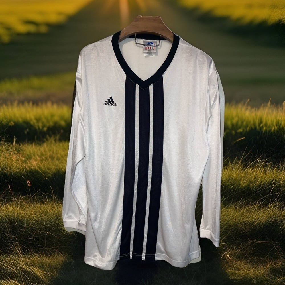 Vintage Adidas Stricon long-sleeve football jersey Men XL White Black Stripe Y2K